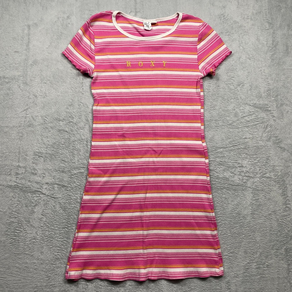 Roxy Striped T-Shirt Dress Girls L 14/16 Pink Ribbed Lettuce Trim